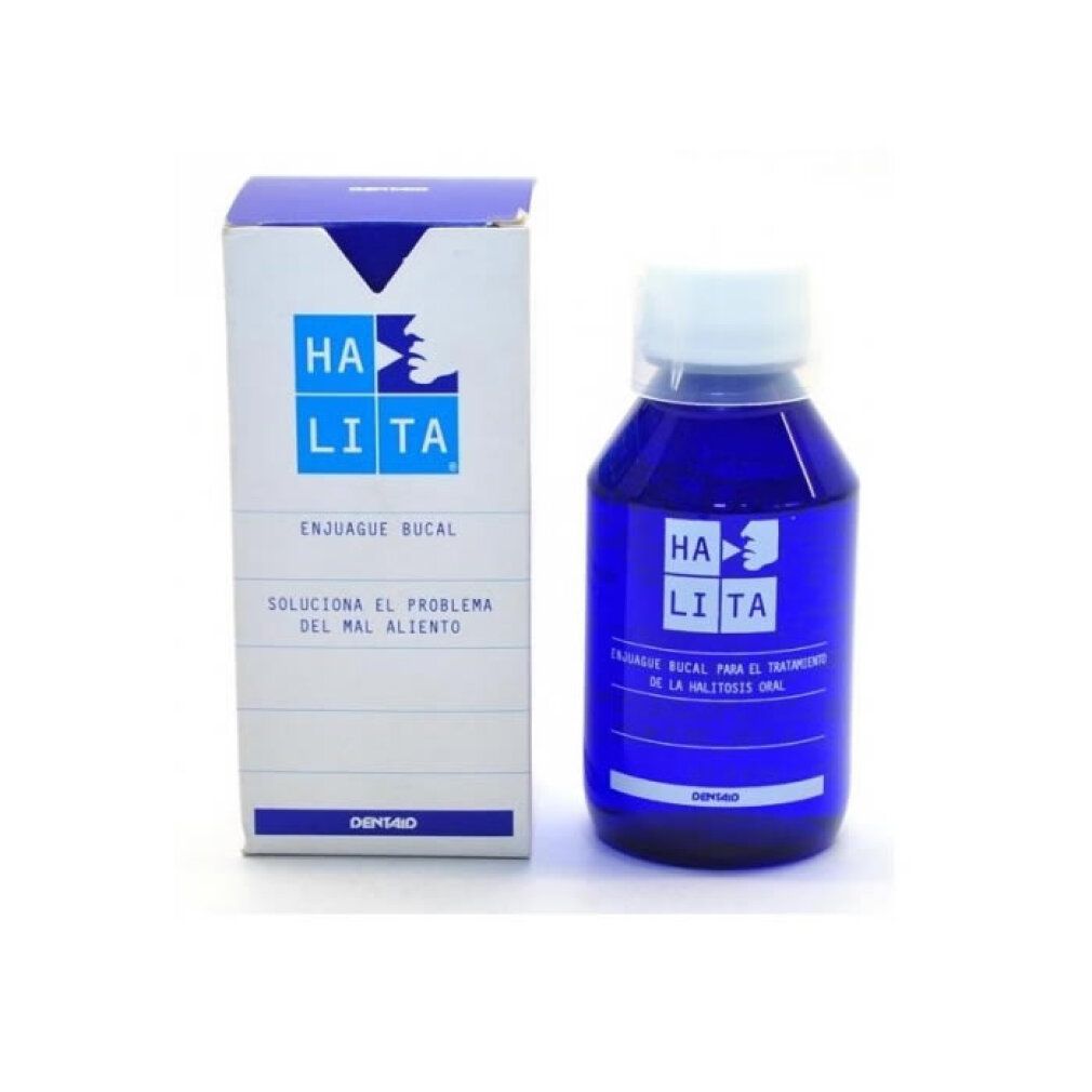 Halita Mundspülung in blauer Flasche neben einer Faltschachtel. Beide zeigen das Halita-Logo und Produktinformationen.