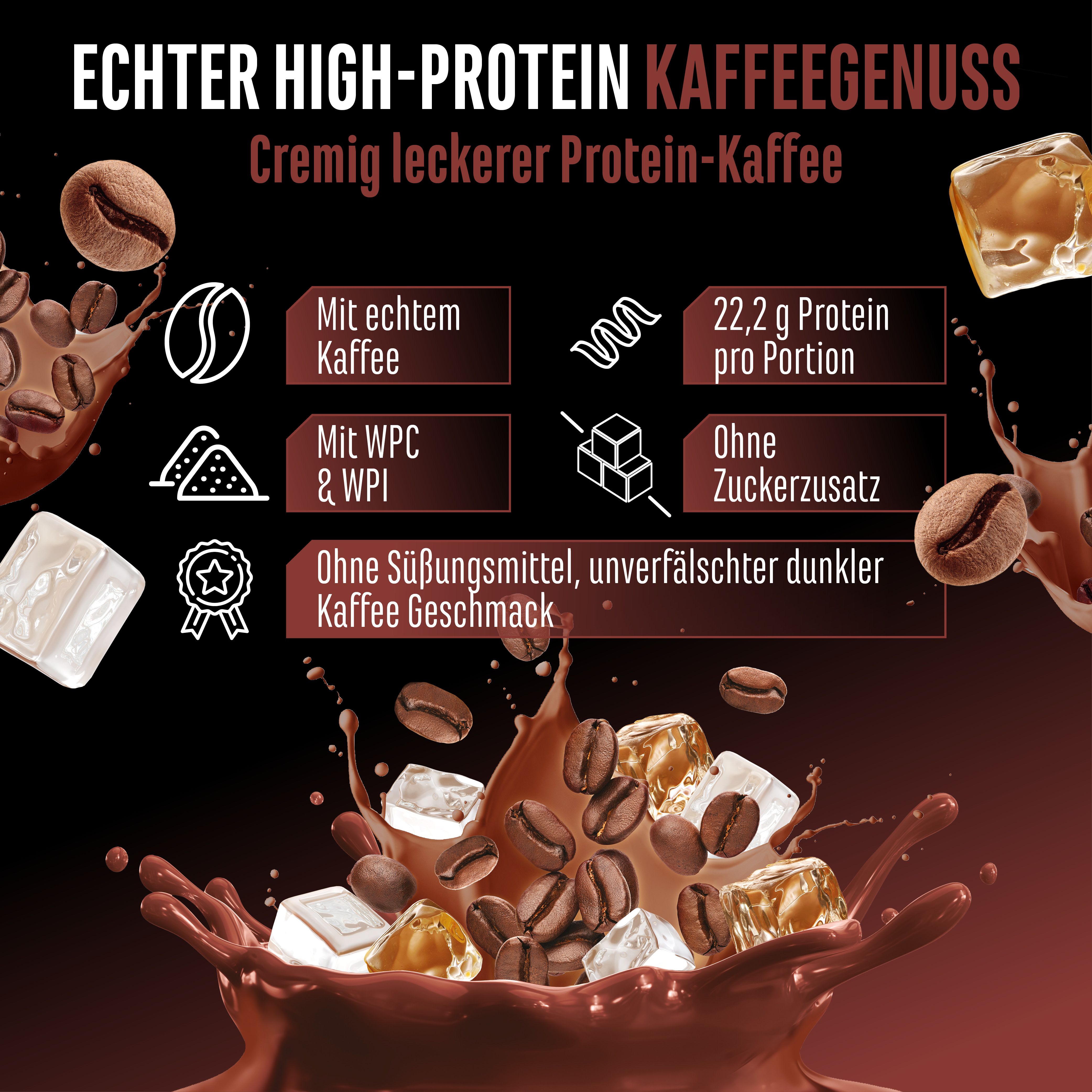 Infografik mit Text und Illustrationen. Enthält Informationen über Protein-Kaffee, Kaffeebohnen, Eiswürfel und Flüssigkeitsspritzer.