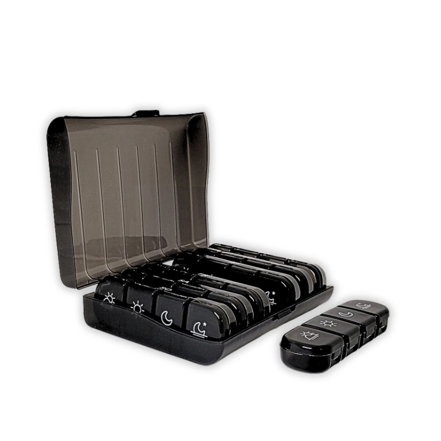 Schwarze Tablettenbox, geöffnet, mit sieben Fächern. Ein separates Fach daneben. Symbole für Tag und Nacht.