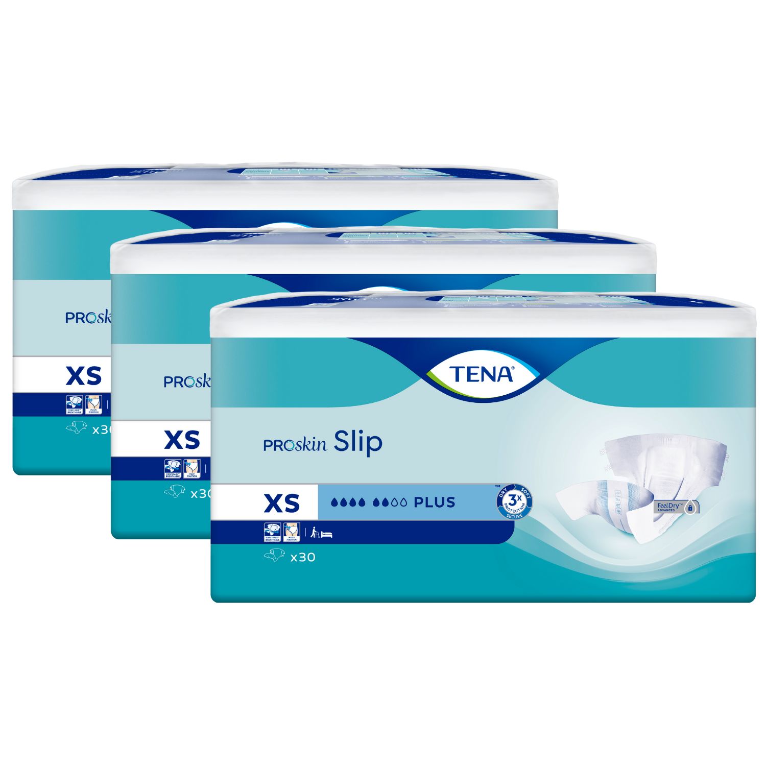Drei Packungen TENA Slip Plus XS mit je 30 Einlagen.