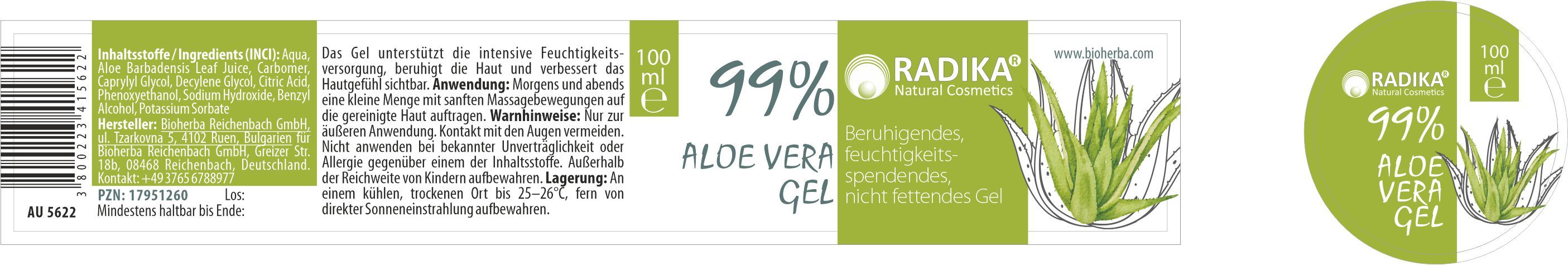 Aloe Vera Gel-Verpackung. Grün-weiße Farbgebung. Text: 99% Aloe Vera Gel, Radika.
