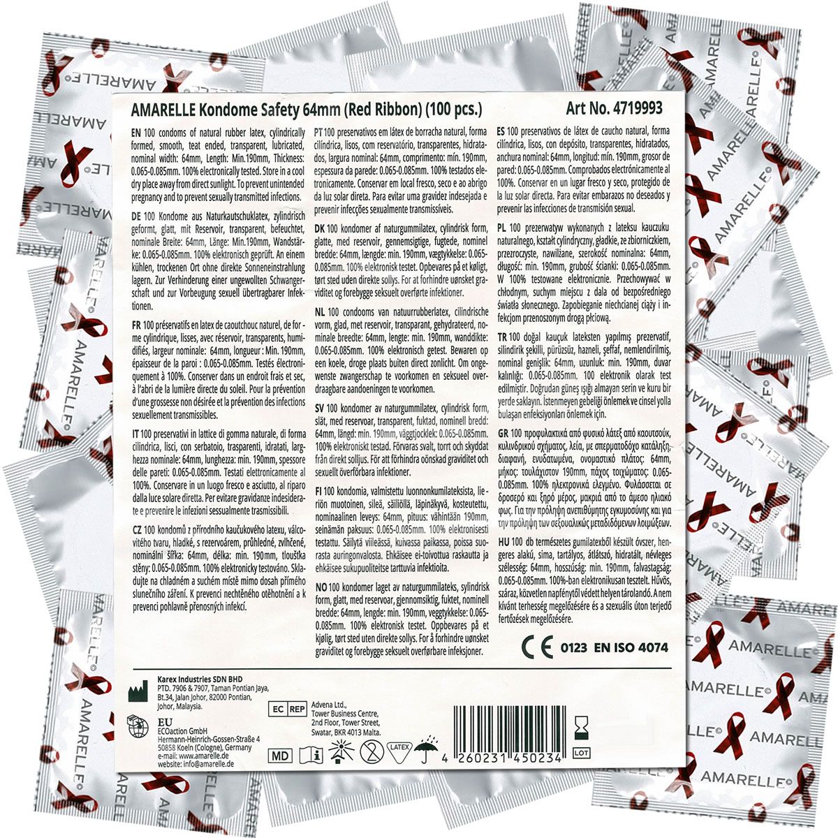 Kondome und Produktverpackung. Aufschrift: Amarelle Kondome Safety 64mm (Red Ribbon) (100 pcs). 100 Stück. Produktinformationen und Zertifizierungen.