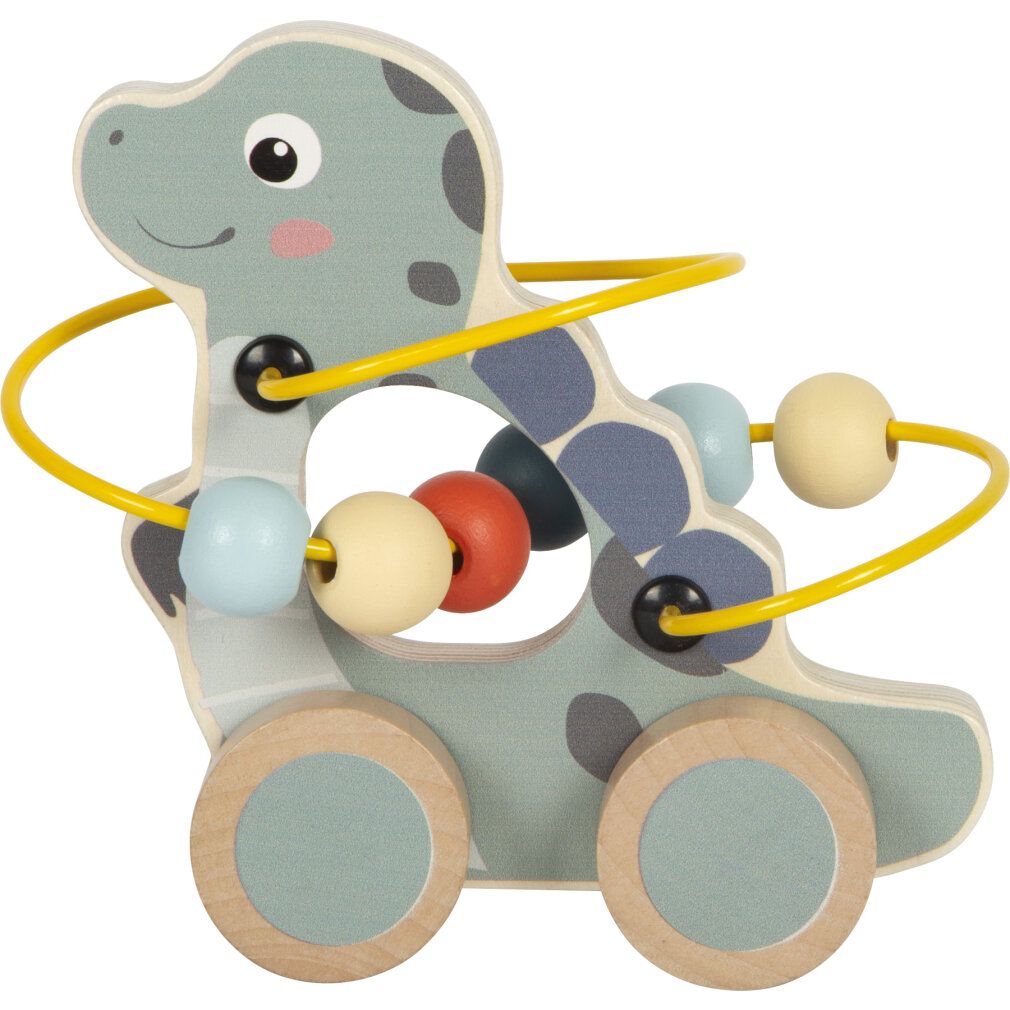 Holz-Dino mit Motorikschleife. Hellgrün, gelb, blau, rot und beige. Mit Rädern. Holzspielzeug.