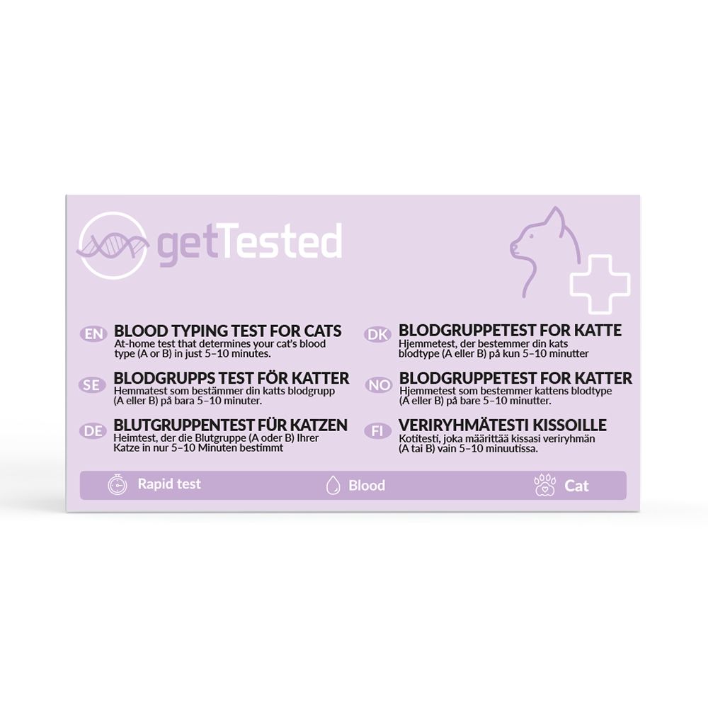 Verpackung für einen Blutgruppentest für Katzen. Aufschrift: getTested. Enthält Text in mehreren Sprachen, darunter Deutsch.