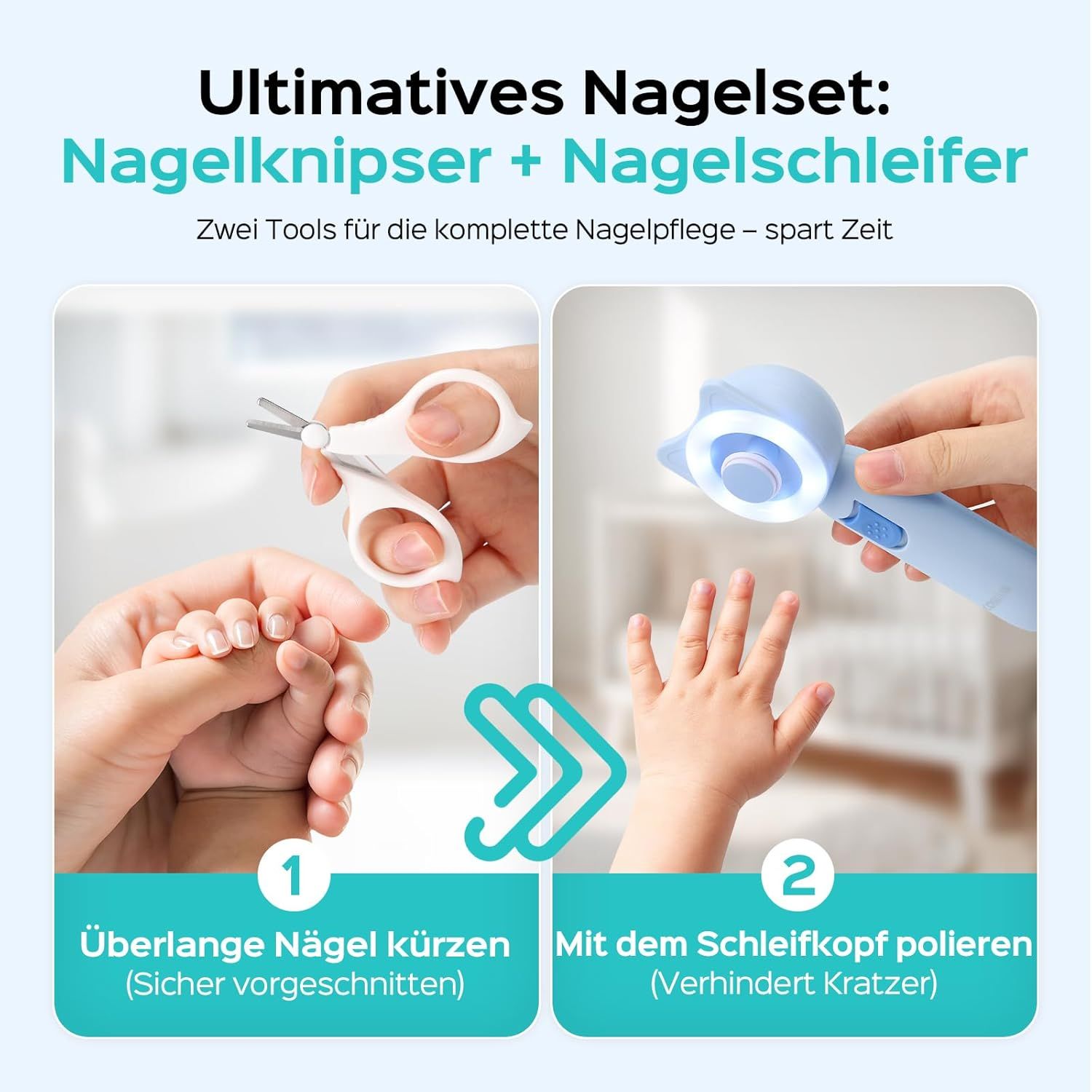 Nagelknipser und Nagelschleifer. Zwei Werkzeuge für die Nagelpflege. Babyhand mit Nagelschere. Babyhand mit Schleifkopf.