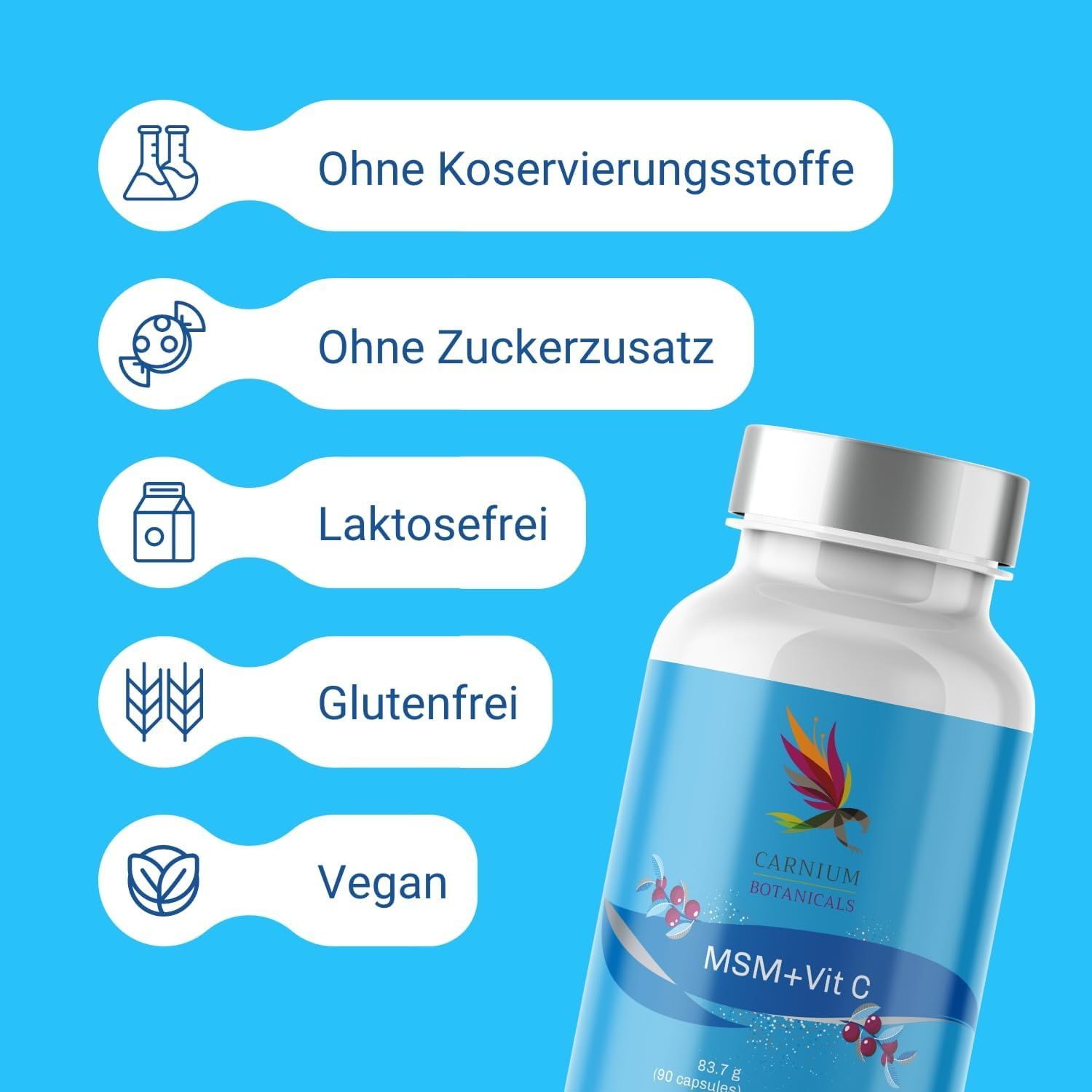 Flasche "MSM+Vit C" mit Logos: Ohne Konservierungsstoffe, Zucker, Laktose, Gluten, Vegan.
