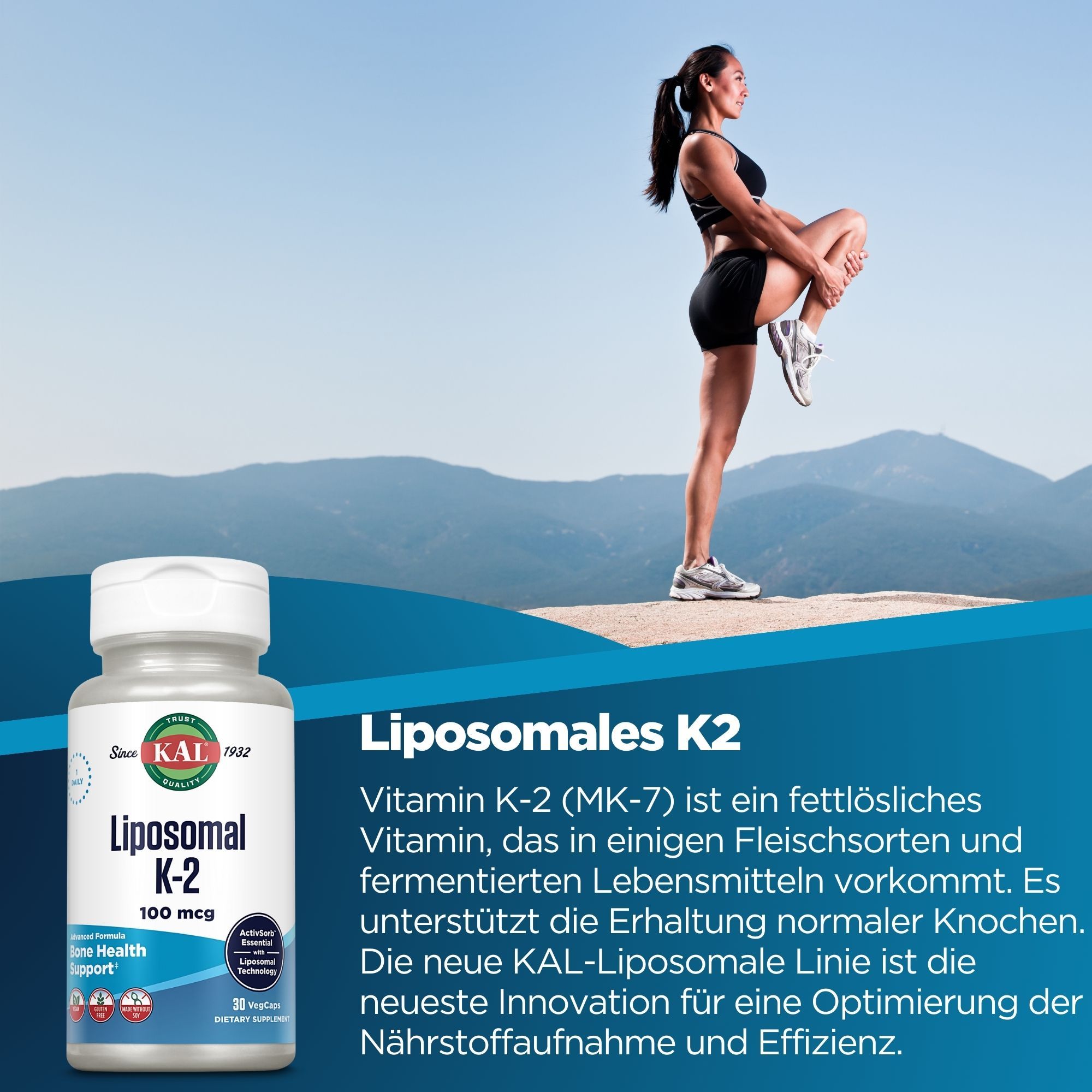 Eine Frau trainiert. Daneben eine Flasche mit K2-Nahrungsergänzungsmittel. Aufschrift: KAL Liposomales K-2 100 mcg. Blaue und weiße Verpackung.