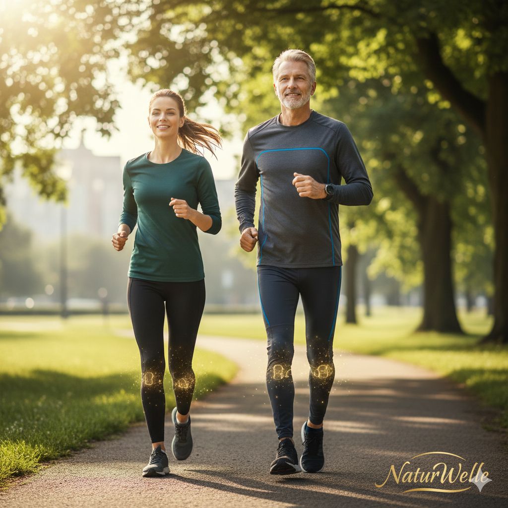 Ein Mann und eine Frau joggen auf einem Weg im Park. Auf ihren Knien sind goldene Illustrationen zu sehen. NaturWelle-Logo unten.