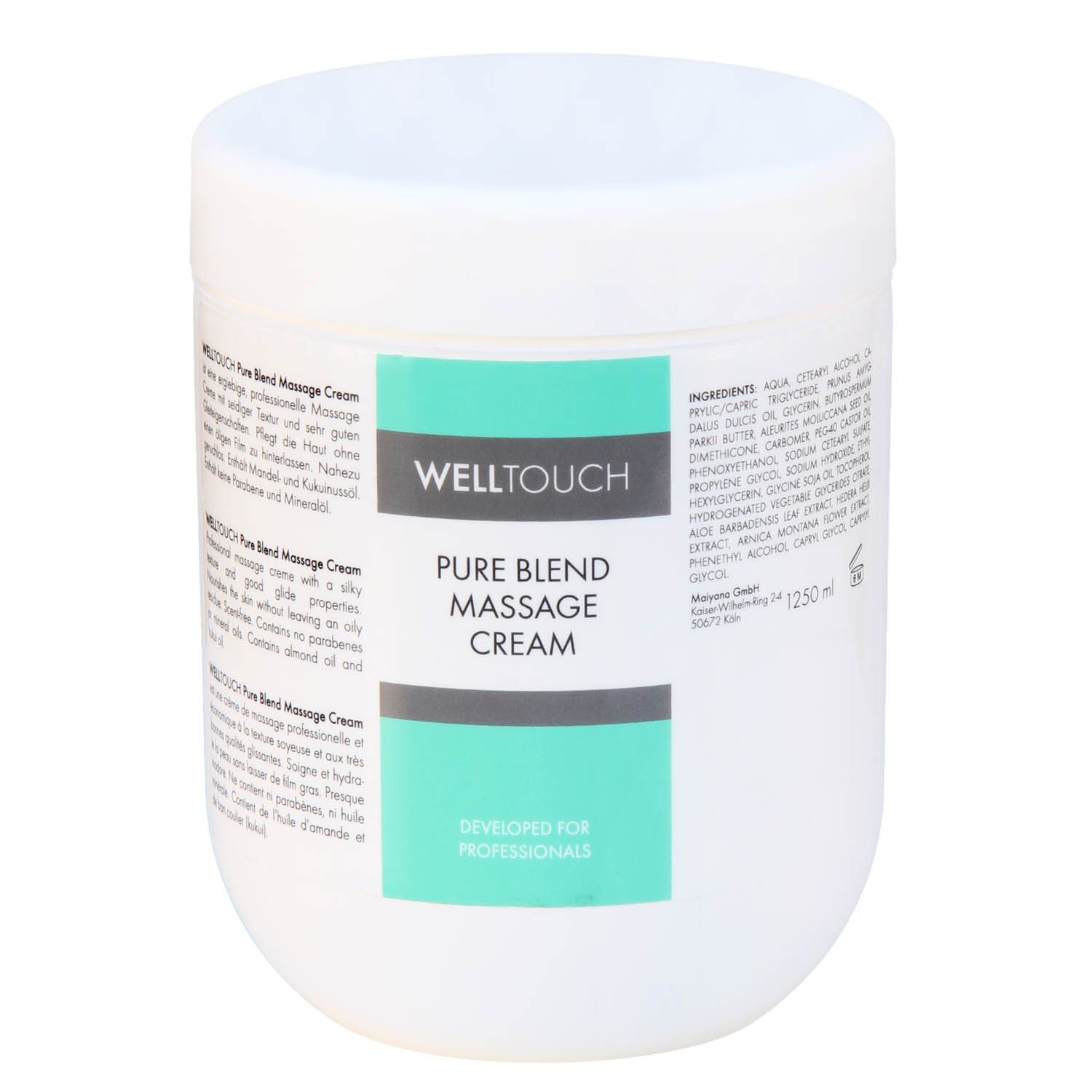 Weißer Tiegel mit Deckel. Aufschrift: WELLTOUCH PURE BLEND MASSAGE CREAM. Türkisfarbene Akzente. Entwickelt für Profis. 250 ml.