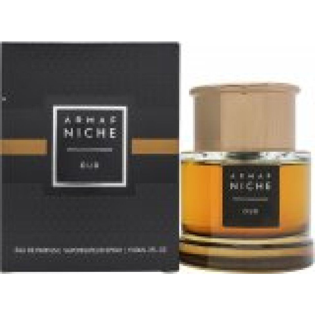 Glasflakon und schwarze Verpackung. Aufschrift: ARMAF NICHE OUD. Flakon mit beigem Deckel.