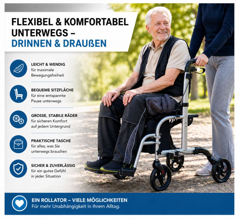 Älterer Mann sitzt auf Rollator & Rollstuhl Twin. Schwarzer Sitz, silberner Rahmen. Person schiebt. Text: Flexibel & komfortabel unterwegs.
