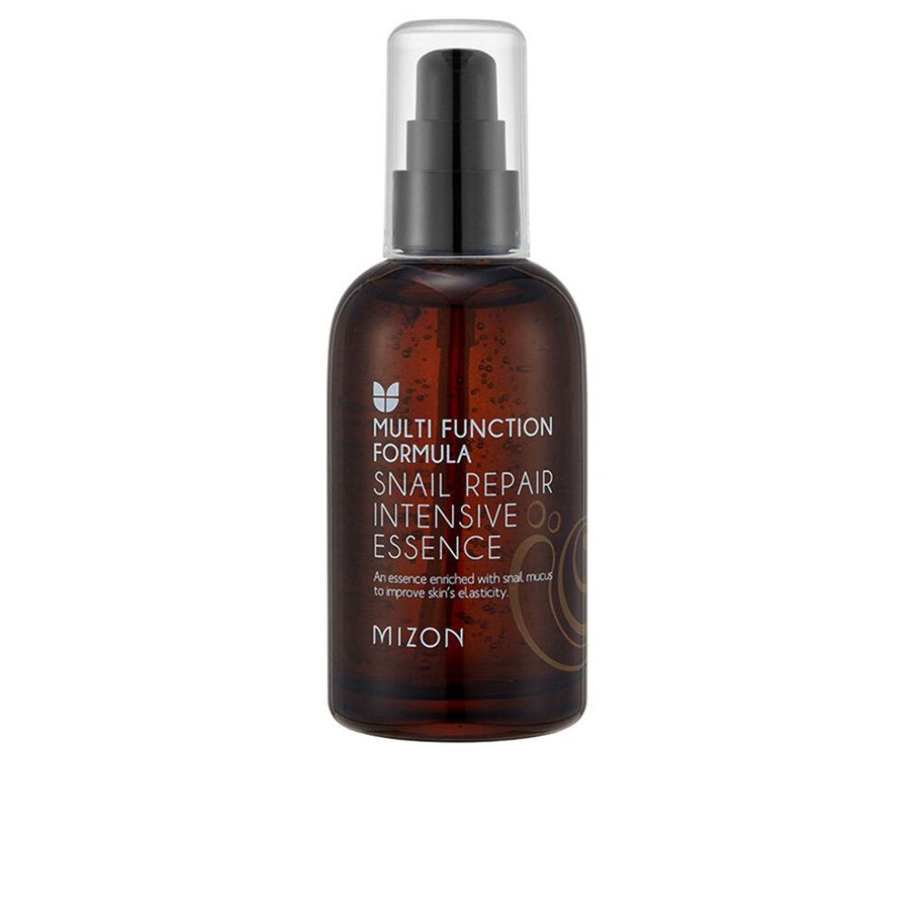 Braune Flasche mit schwarzem Pumpverschluss. Aufschrift: Snail Repair Intensive Essence. Marke: MIZON.