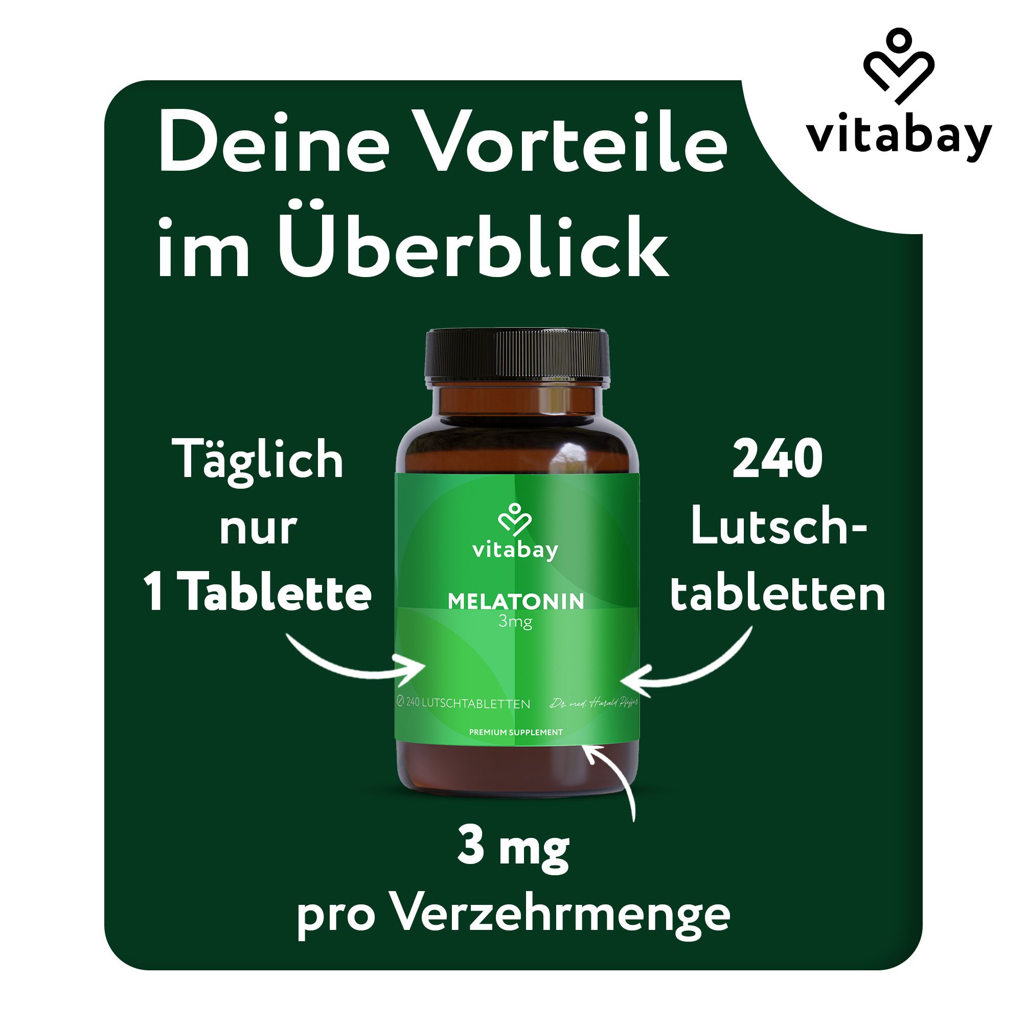 Vitabay Melatonin 3mg Fläschchen mit Informationen zu Vorteilen.