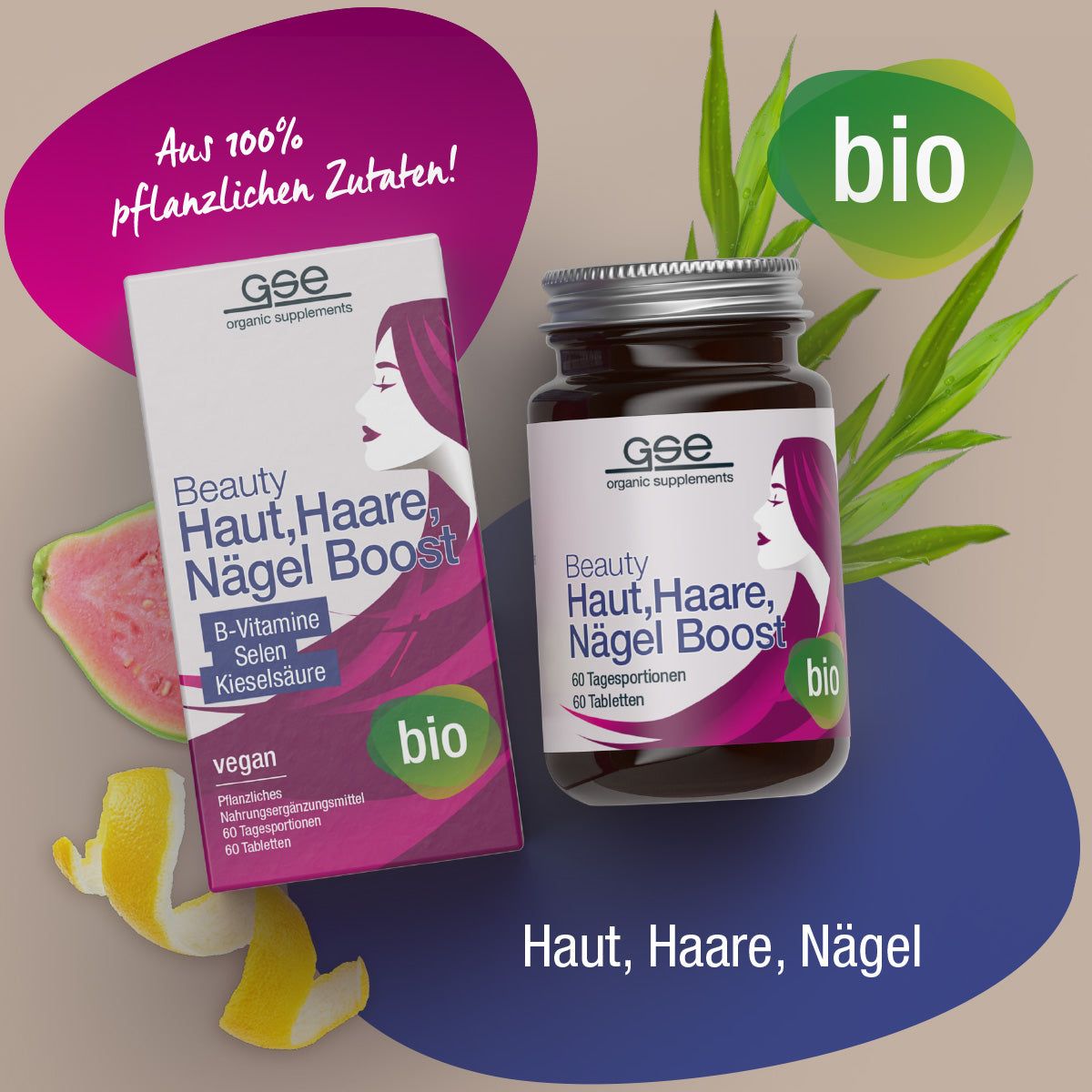 Karton und Flasche mit Beauty Haut, Haare, Nägel Boost. Bio-Siegel. Text: Aus 100% pflanzlichen Zutaten!