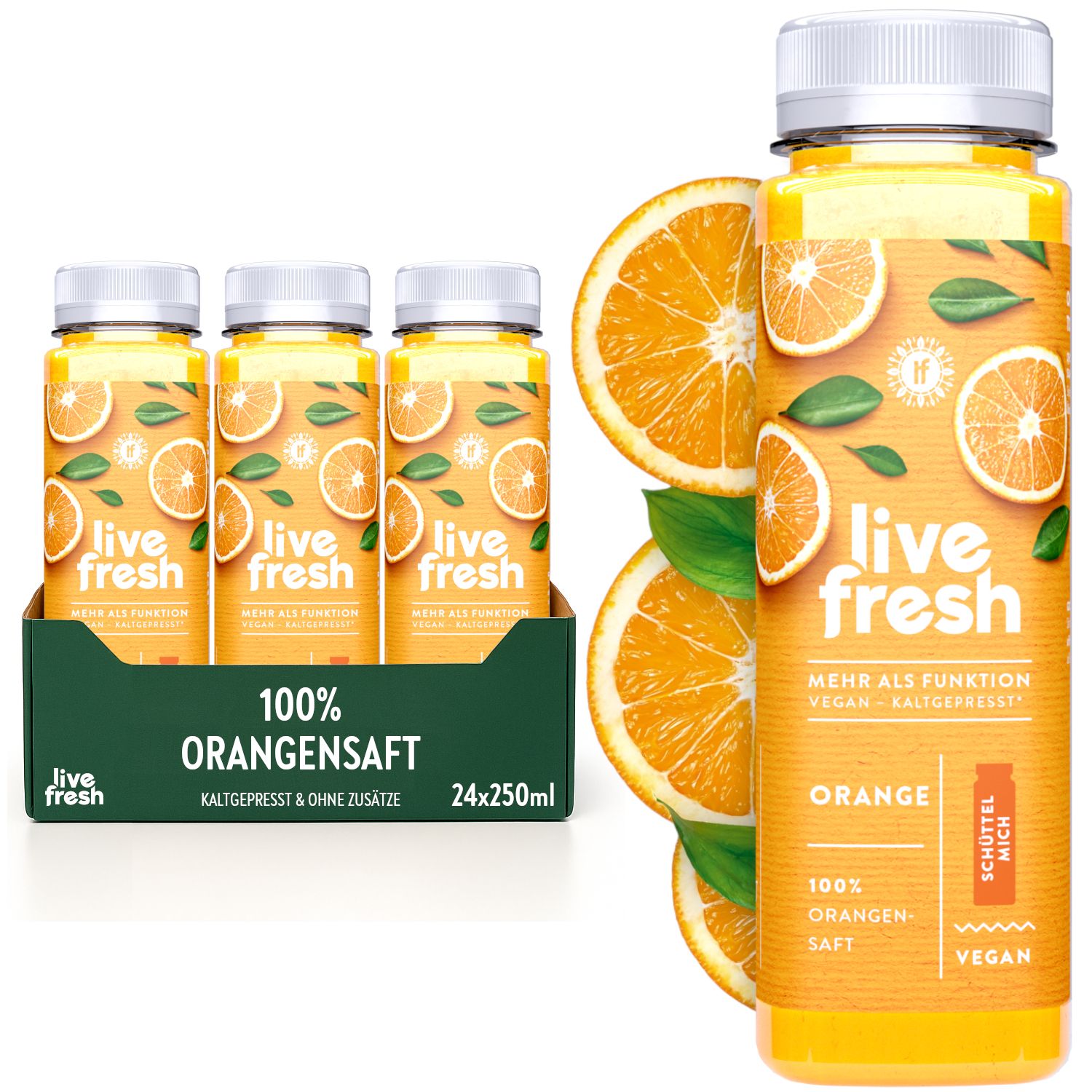 LiveFresh Orangensaft. 24 Flaschen in Karton. Einzelne Flasche mit Orangen. Text: 100% Orangensaft, vegan, kaltgepresst.