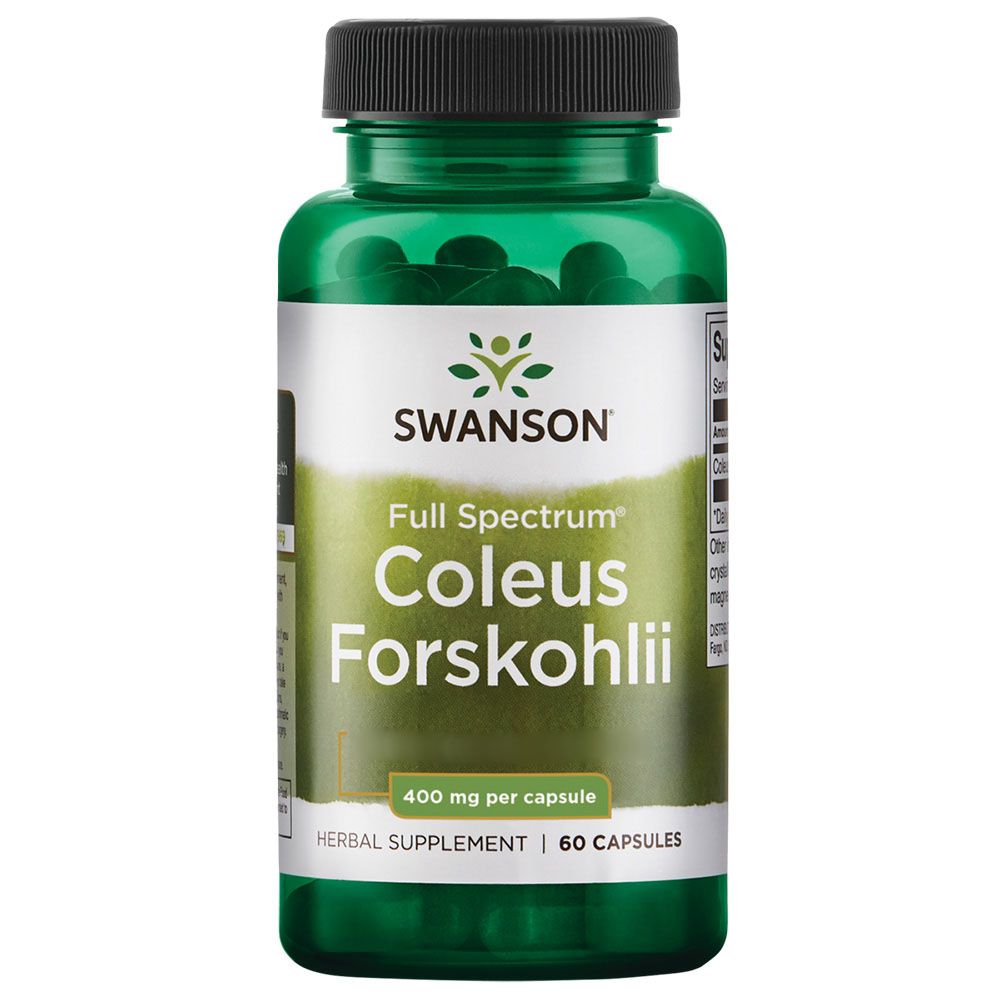 Grüne Flasche mit schwarzen Deckel. Aufschrift: Swanson, Full Spectrum Coleus Forskohlii, 400 mg pro Kapsel, 60 Kapseln.