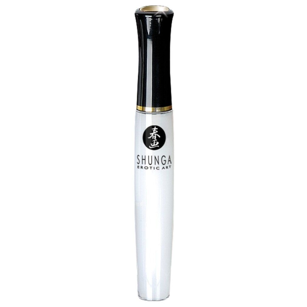 Weiße Flasche mit schwarzem Deckel. Aufschrift: Shunga. Goldener Ring. Produkt für orale Anwendung.
