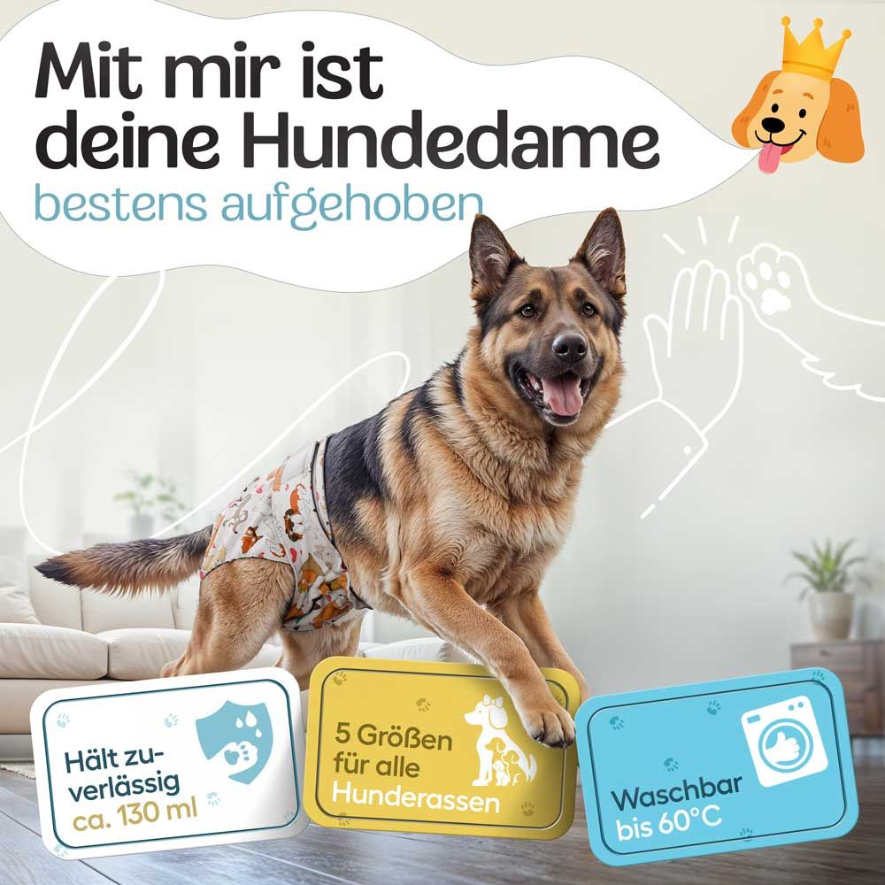 Hündin mit Windel. Text: Hält zuverl. ca. 130 ml, 5 Größen für alle Hunderassen, Waschbar bis 60°C.