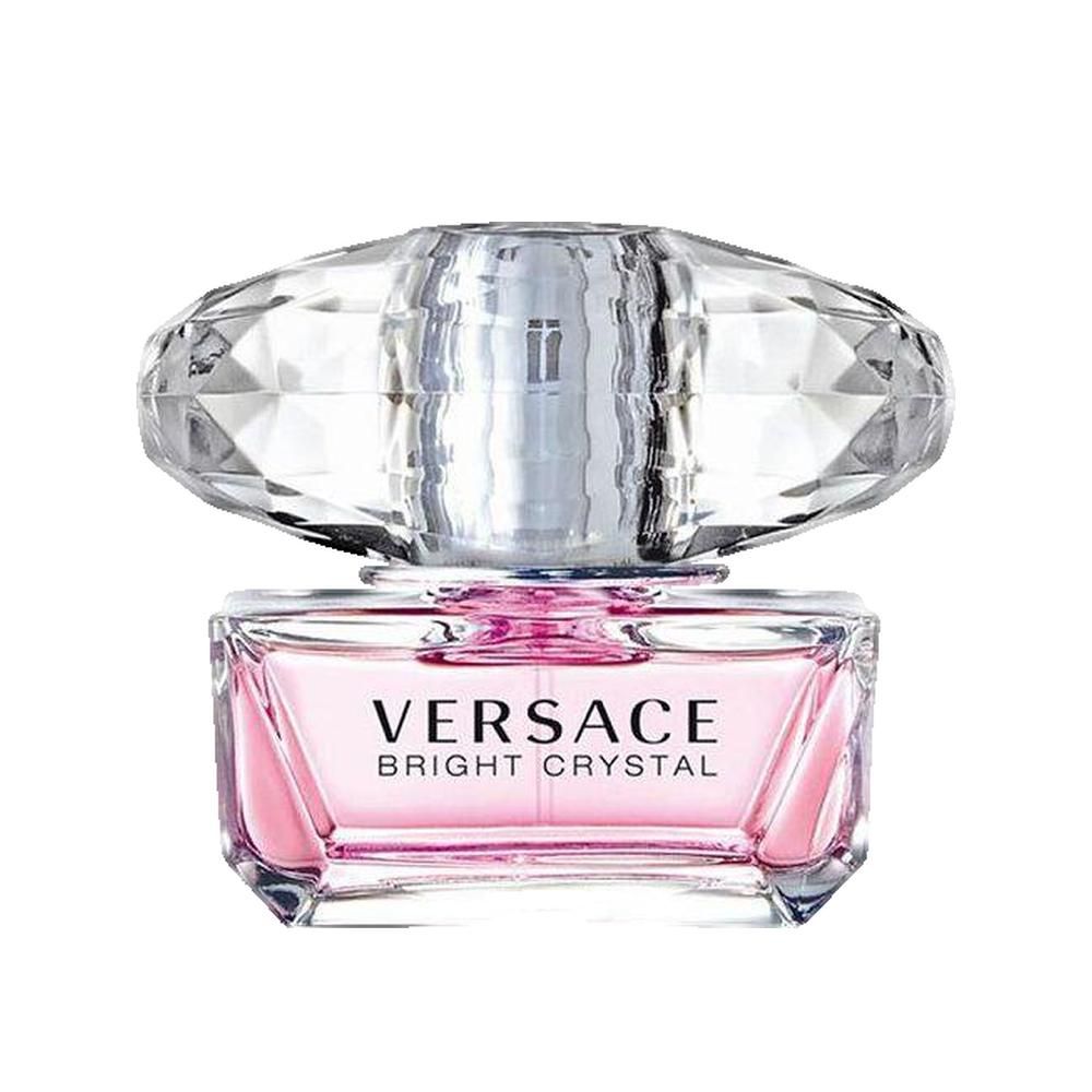Parfümflakon. Rechteckiger, rosa Behälter mit transparentem, facettiertem Deckel. Schriftzug: VERSACE BRIGHT CRYSTAL.