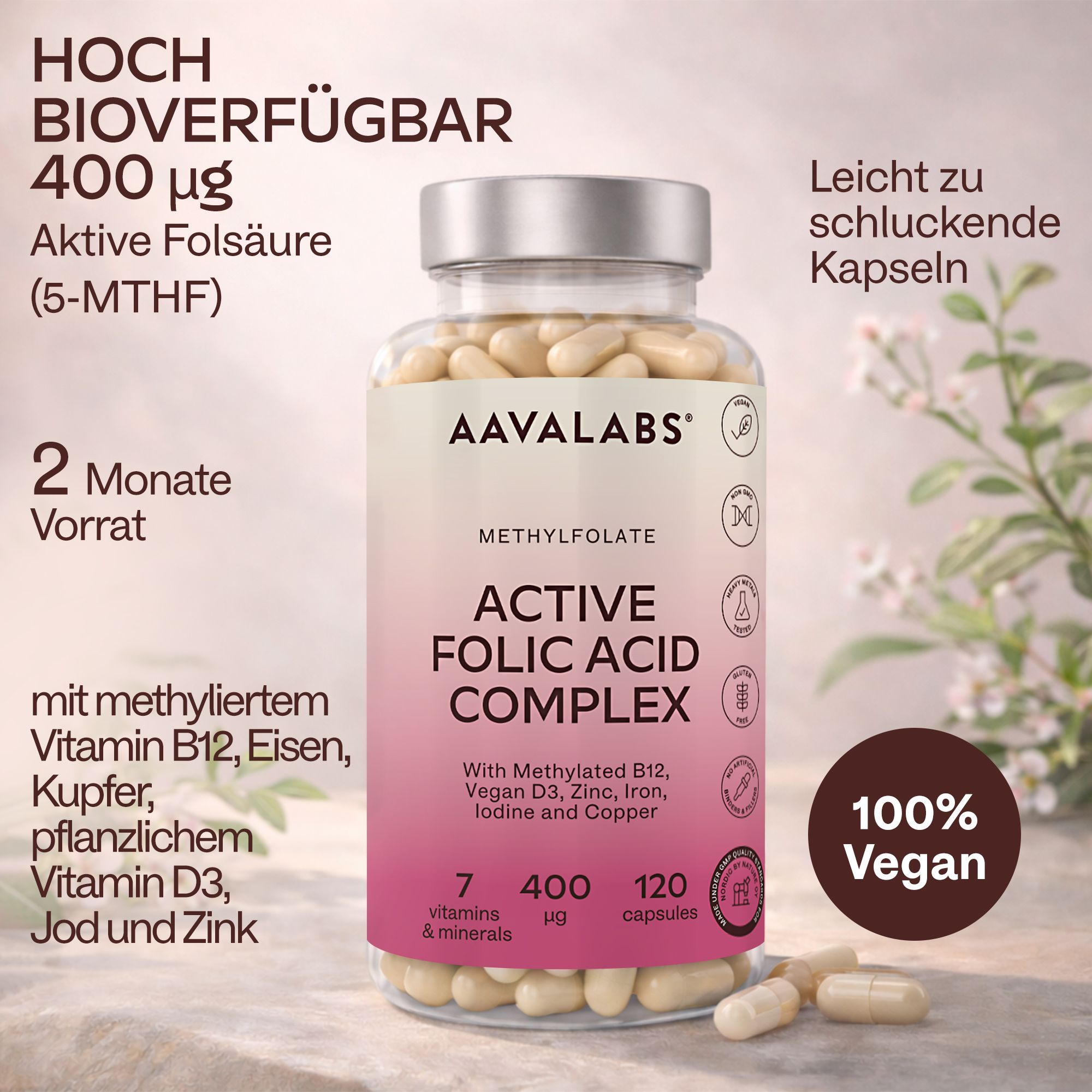Flasche Aavalabs Folsäure Komplex mit deutschen Textangaben.