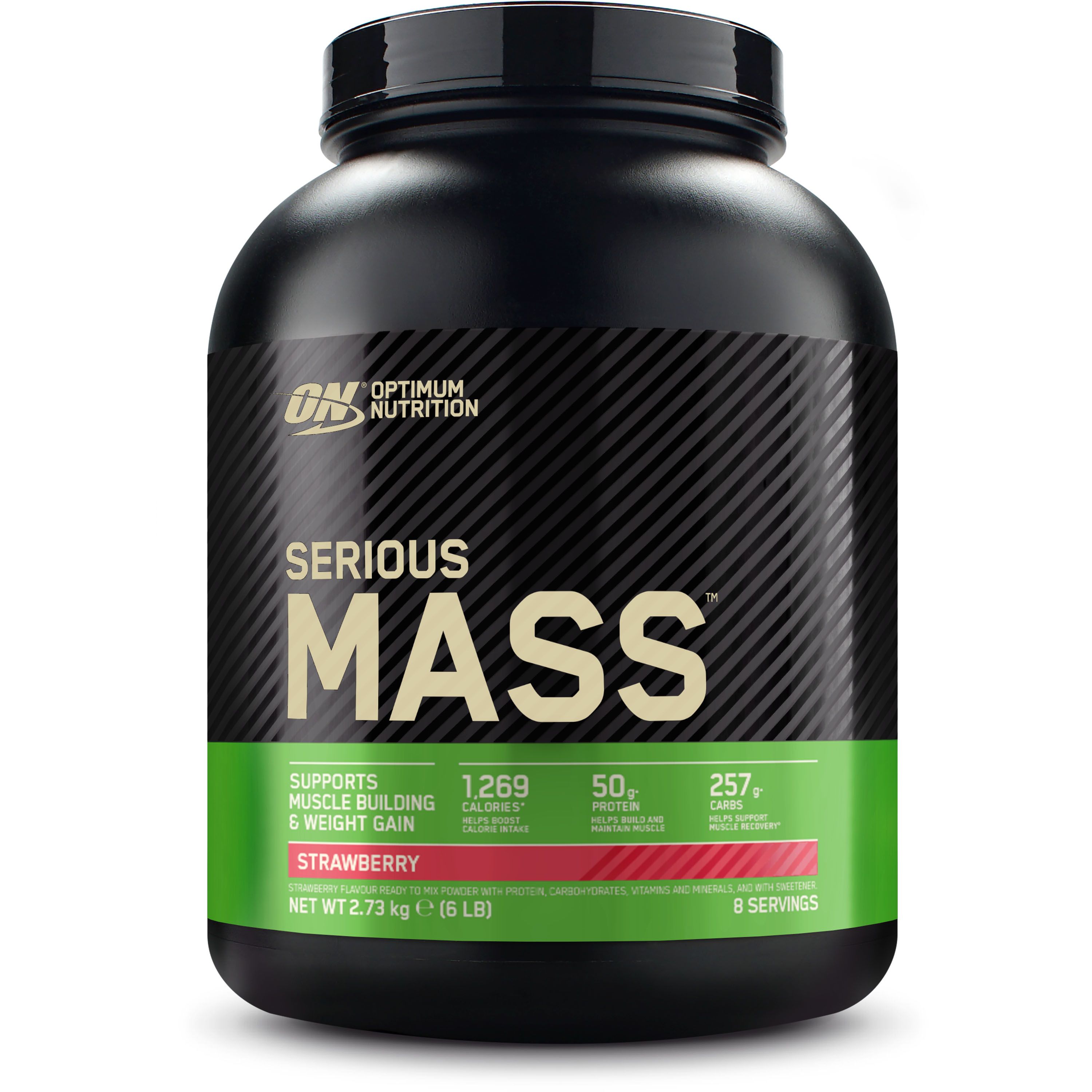 Schwarzer Behälter "OPTIMUM NUTRITION Serious Mass". Grün-rotes Etikett mit Produktinformationen. Erdbeergeschmack. 2,73 kg.