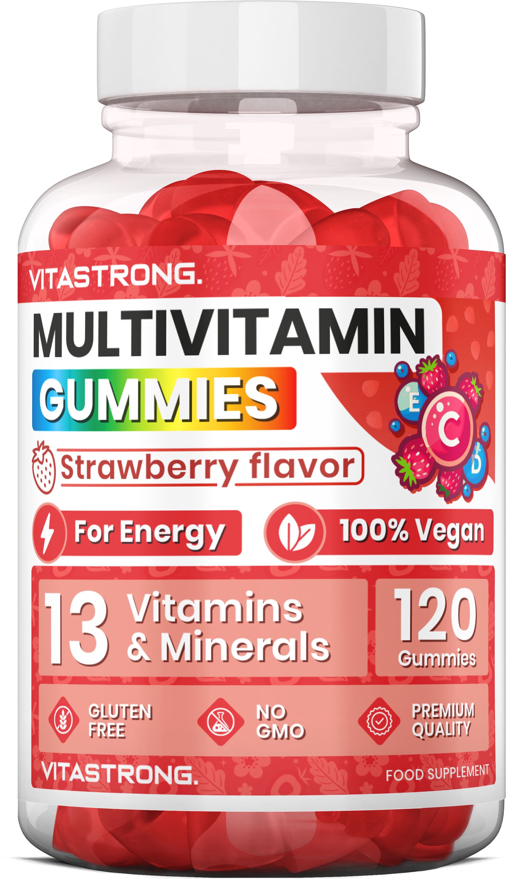 Vitastrong Multivitamin Gummibärchen, Erdbeergeschmack, 120 Stück.