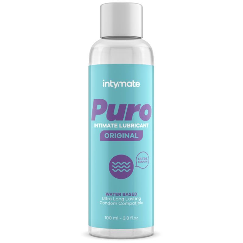 Transparente Flasche mit weißem Deckel. Aufschrift: Intymate Puro Intimate Lubricant Original. Türkisfarbenes Etikett.