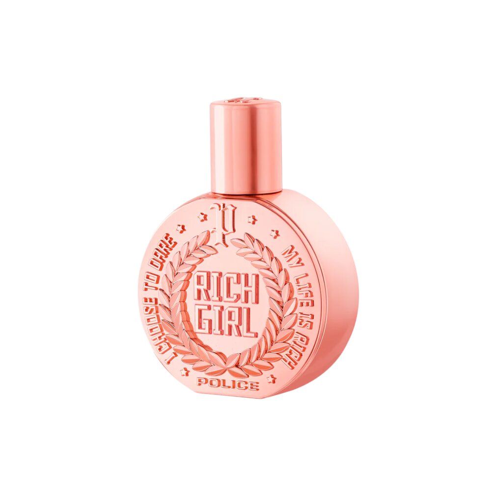 Roségoldfarbener Flakon mit rundem Körper. Aufschrift "RICH GIRL" in Lorbeerkranz. Text: "I CHOOSE TO DARE", "MY LIFE IS RICH". Marke: POLICE.
