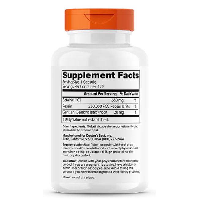 Rückseite der Doctor's Best Betaine HCl, Pepsin und Gentian Bitters Kapseln mit Nährwertangaben.
