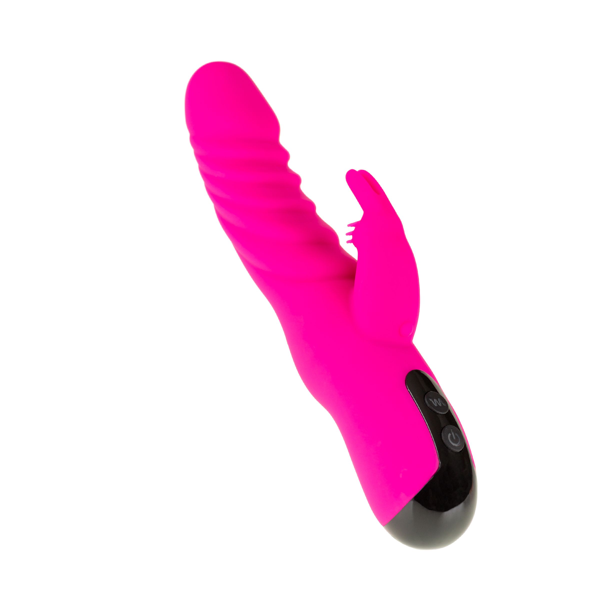 Pinkfarbener Vibrator mit Hasenohren-Design. Mit Knöpfen und schwarzem Sockel. Aus Silikon.