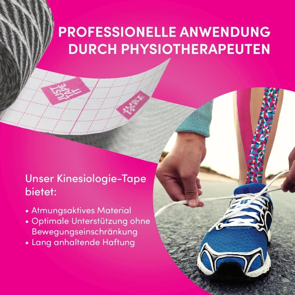 Kinesiotape-Anwendung am Hals in Blau und mit Muster.