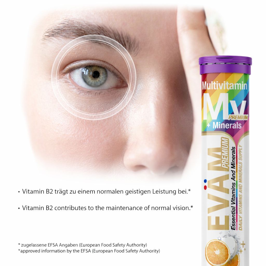 EVÄM Multivitamin + Mineralien Tube. Text: Vitamin B2 trägt zu normaler geistiger Leistung bei. Orange-Geschmack. Vegan.