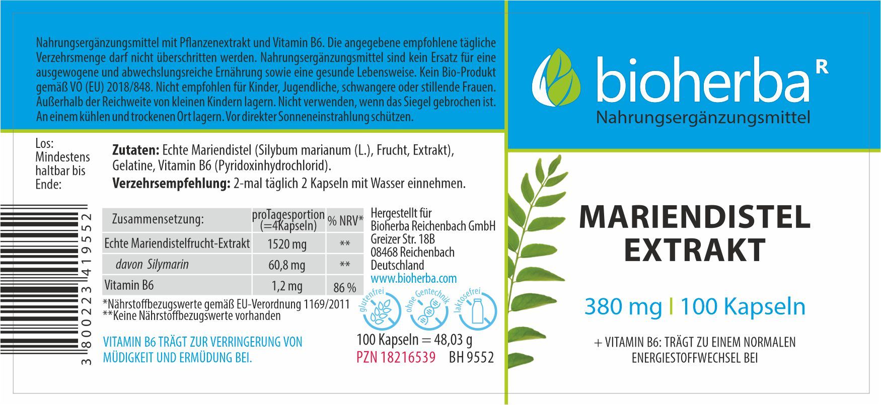 Etikett mit Mariendistel Extrakt. Text: 380 mg | 100 Kapseln. Logo Bioherba. Inhaltsstoffe, Verzehrempfehlung. Vitamin B6 trägt zu normalem Energiestoffwechsel bei.
