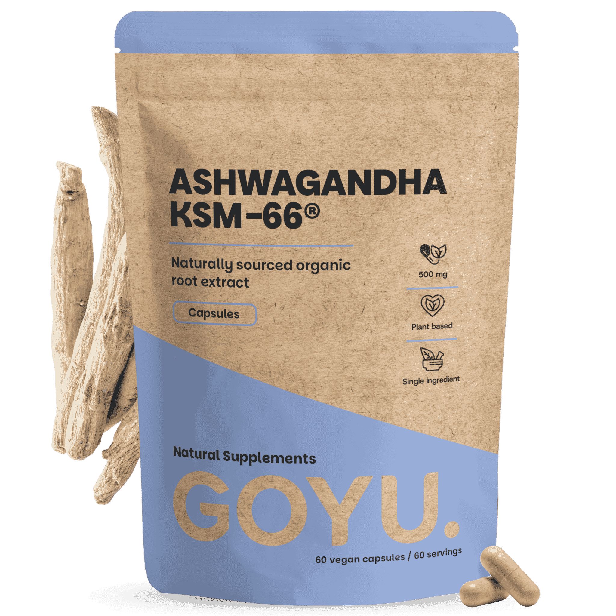 Braune Standbodenbeutel mit Ashwagandha KSM-66 Kapseln, 500 mg, Bio-Wurzelextrakt.