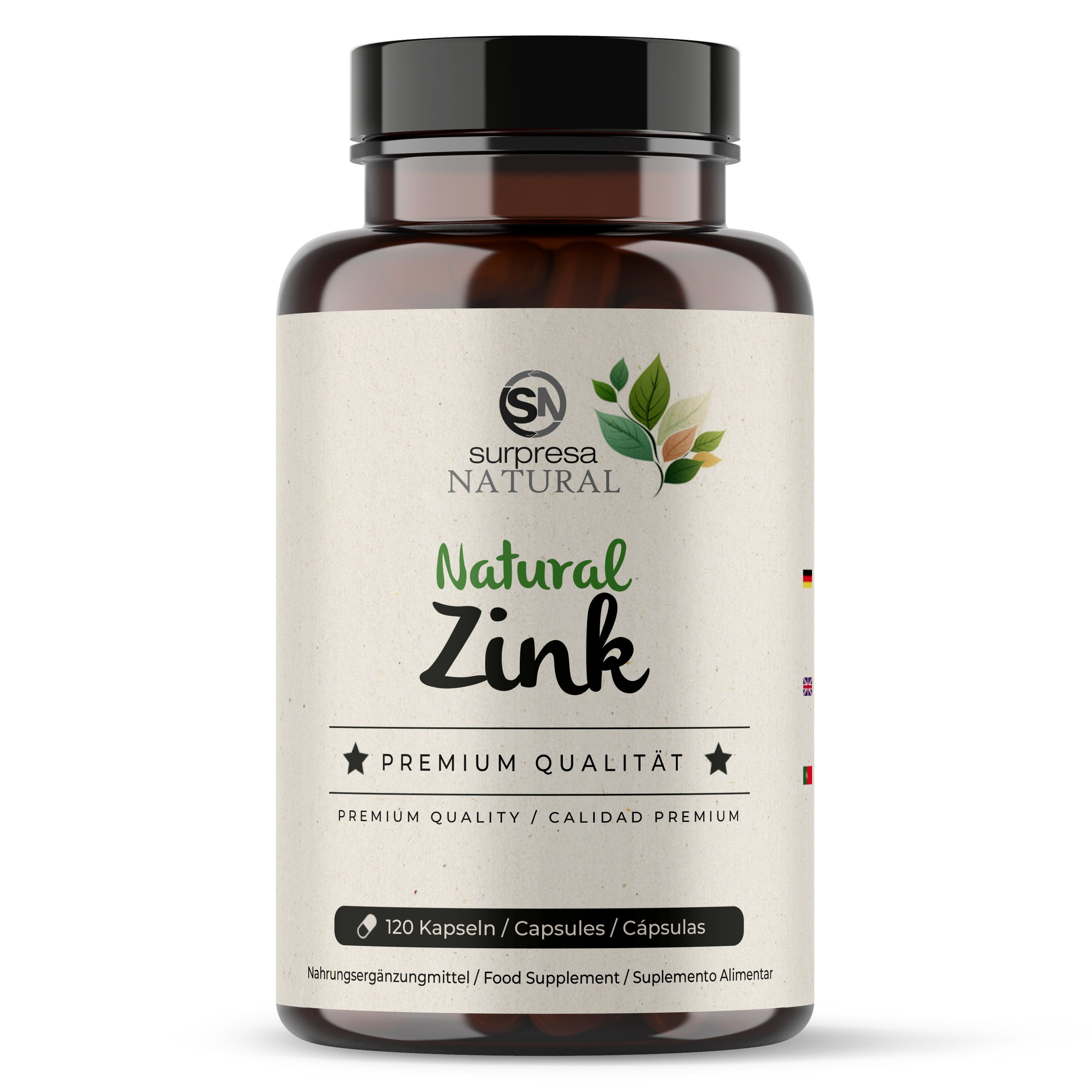 Braune Flasche mit Etikett. Aufschrift: Surpresa Natural, Natural Zink, 120 Kapseln. Premium Qualität.