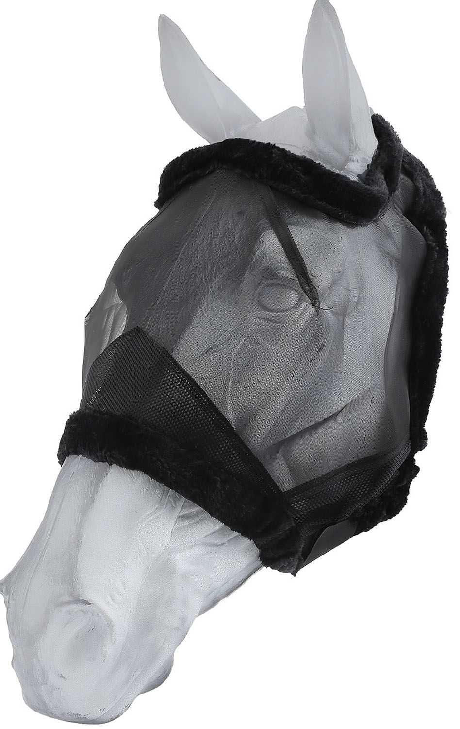 Pferde-Fliegenmaske, schwarz, mit Fellbesatz. Netzstoff bedeckt Augen und Nase. Ohren frei.