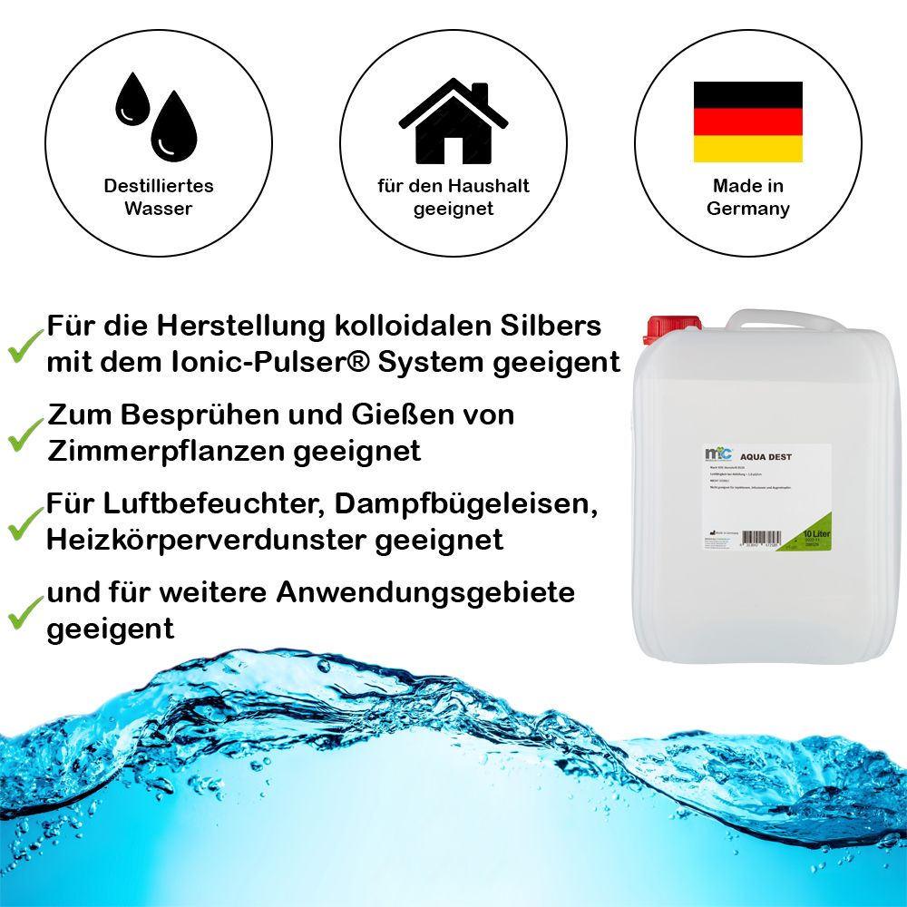 Infografik: Destilliertes Wasser für Haushalt, Made in Germany, 10 Liter.
