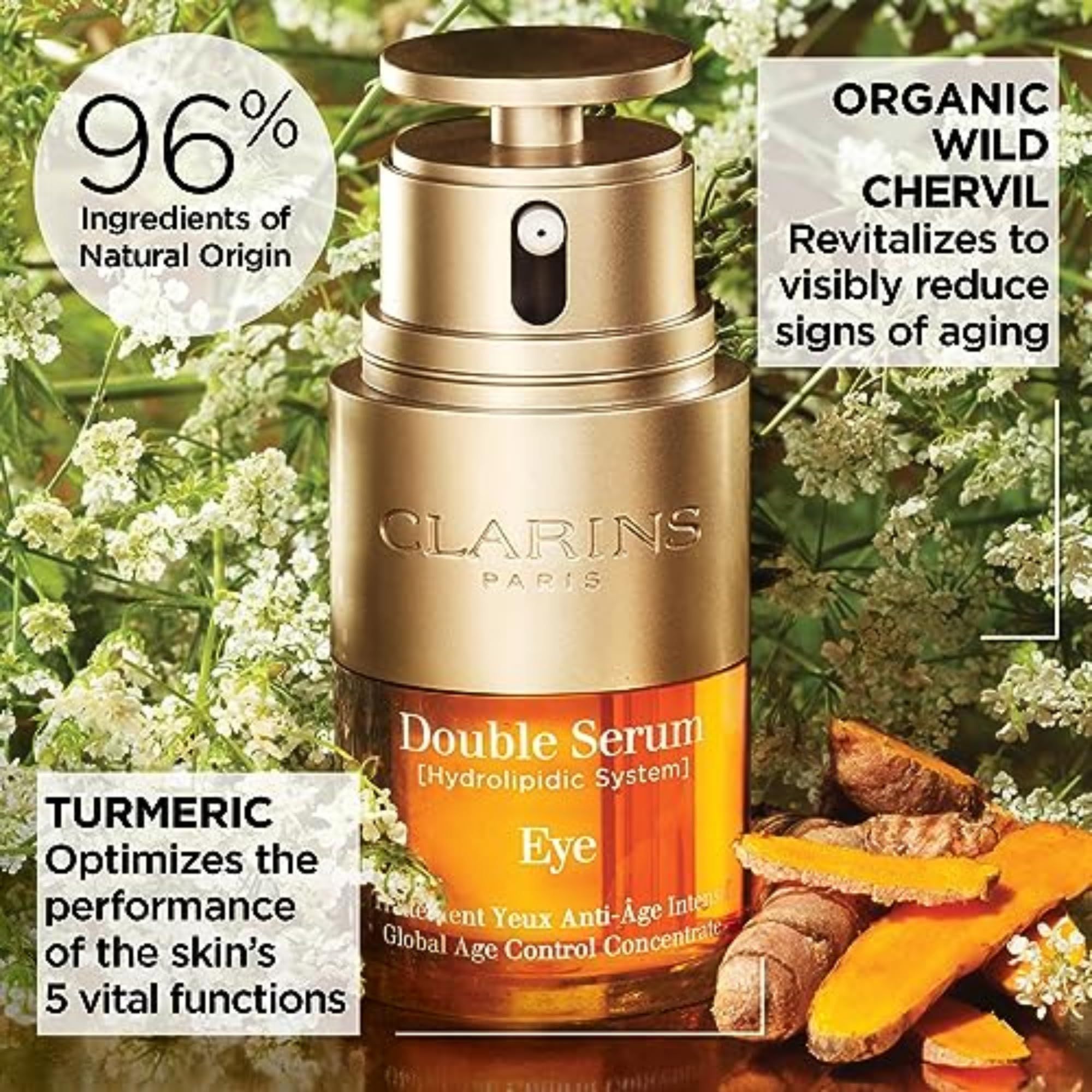 Doppeltes Augenserum. Goldfarbener Behälter. Text: CLARINS PARIS, Double Serum Eye. 96% Inhaltsstoffe natürlichen Ursprungs.