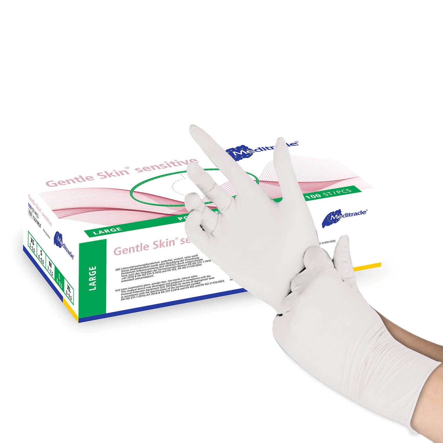 Weiße Latex-Einmalhandschuhe. Eine Hand zieht einen Handschuh an. Verpackung mit Aufschrift 'Gentle Skin sensitive'.