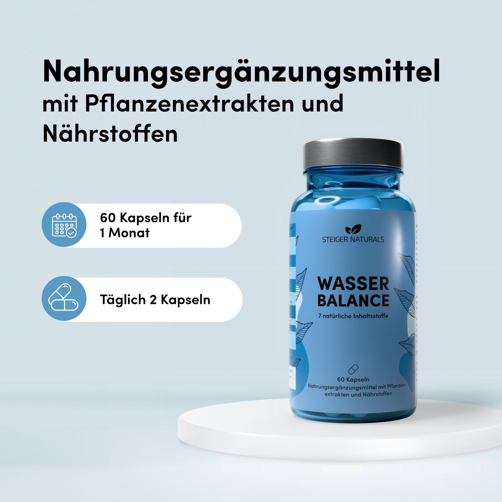 Blaue Flasche mit Kapseln und Text. Aufschrift: Wasser Balance, 7 pflanzliche Extrakte. 60 Kapseln. Text: 60 Kapseln für 1 Monat, täglich 2 Kapseln.