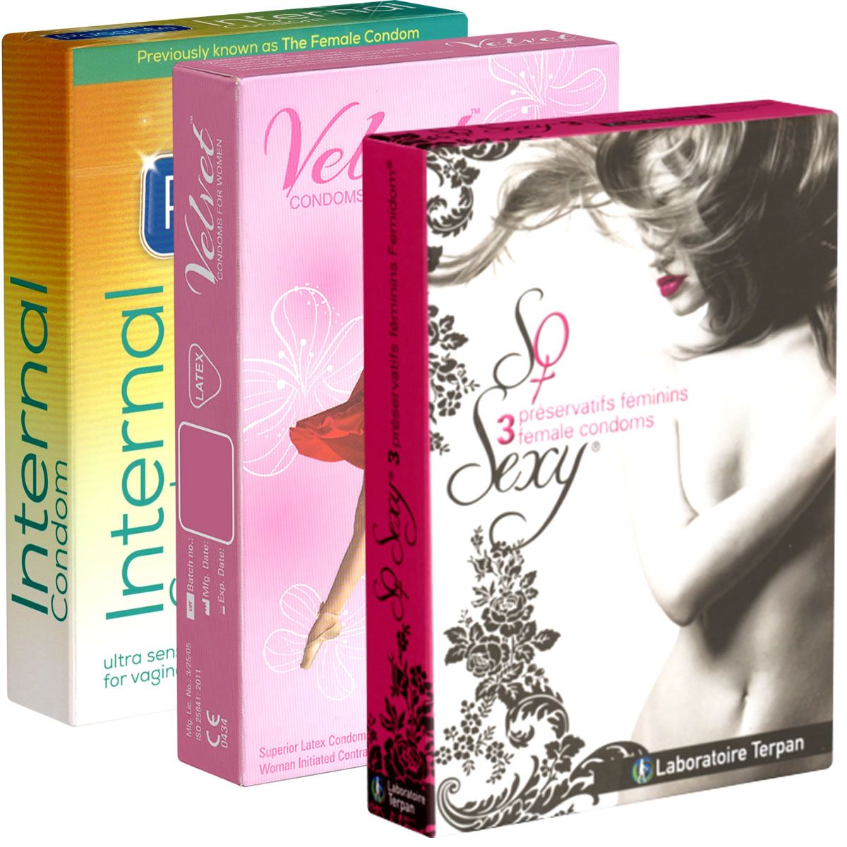 Drei Schachteln Kondome. Die linke Schachtel ist gelb und grün, mit der Aufschrift "Internal Condom". Die mittlere Schachtel ist rosa mit "Velvet Condoms". Die rechte Schachtel ist rot mit "Sexy".