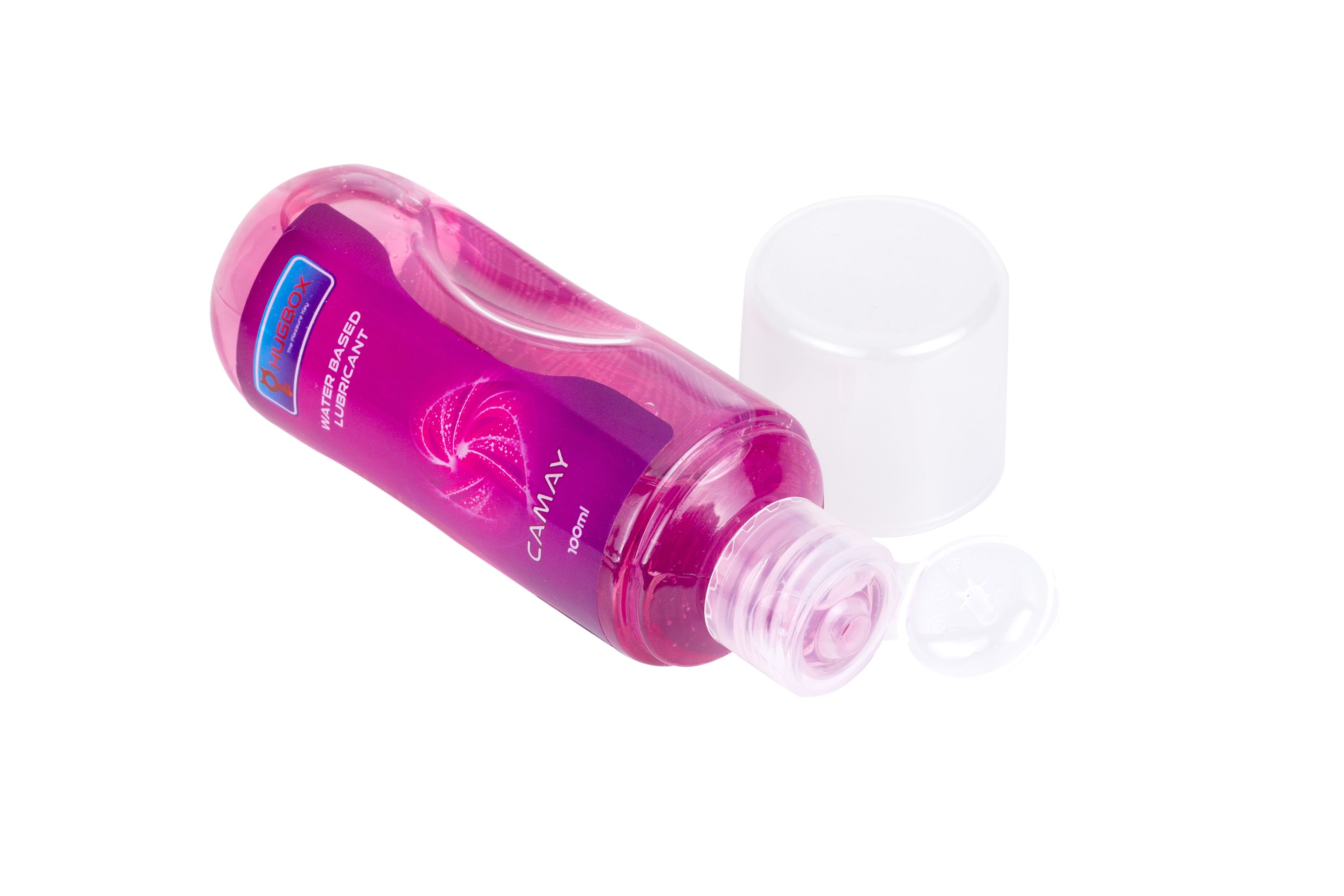 Flasche mit rosa Flüssigkeit und geöffnetem Deckel. Etikett mit Text.