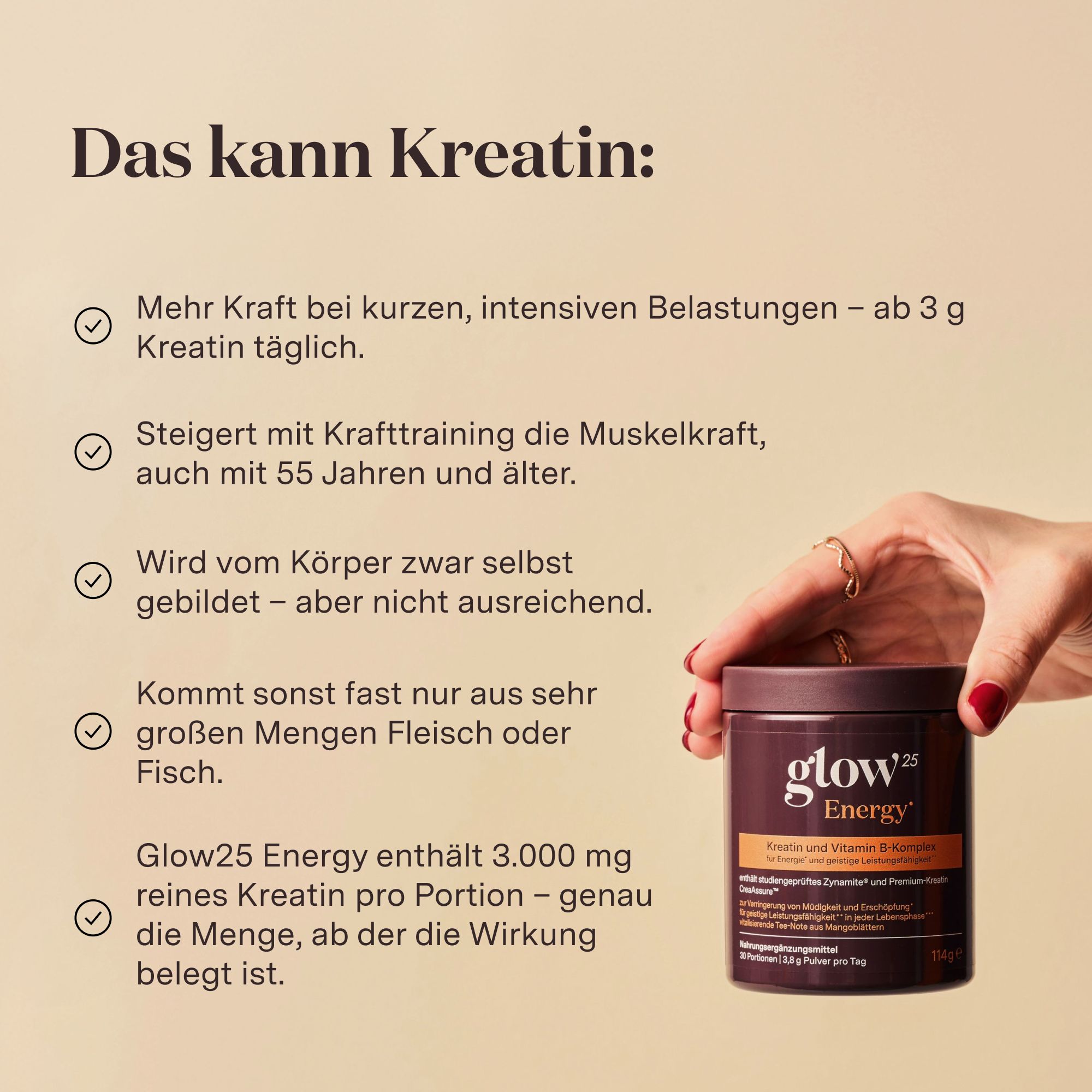 Glow25 Energy Pulverdose mit Informationen zu Kreatin und Vitamin B-Komplex.