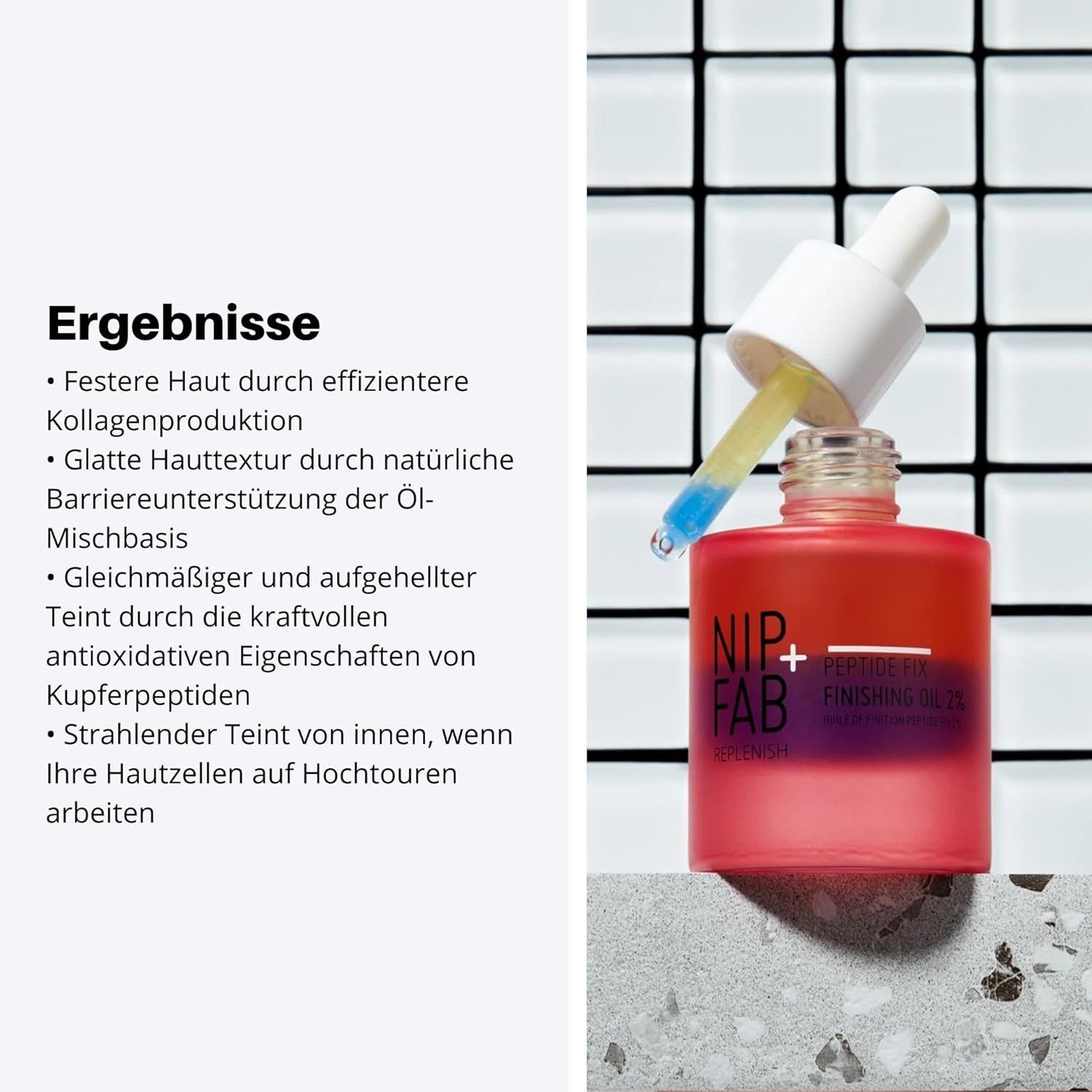 Glasflasche mit Pipette und blauer Flüssigkeit. Text: Ergebnisse, Hauttextur, Teint. Aufschrift: NIP+FAB, Peptide Fix Finishing Oil.