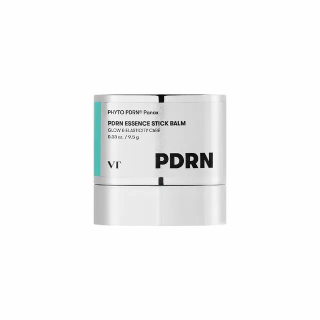 VT Cosmetics PDRN Essence Stick Balm, ein Hautpflegeprodukt in einem silbernen Behälter mit türkisfarbenem Akzent.