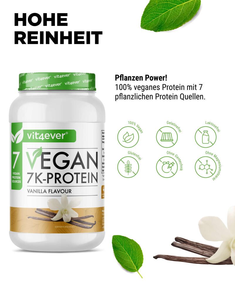Weißer Behälter mit grünem Deckel. Aufschrift: 7 Vegan 7K-Protein, Vanille-Geschmack. Text: Hohe Reinheit. Symbole: vegan, glutenfrei, ohne Gelatine, ohne Laktose, ohne Magnesium.