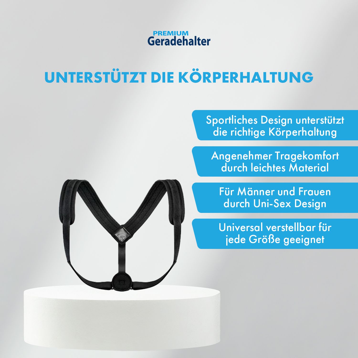Schwarzer Rücken Geradehalter auf weißem Podest. Text: Unterstützt die Körperhaltung. Sportliches Design, angenehmer Tragekomfort, Unisex.