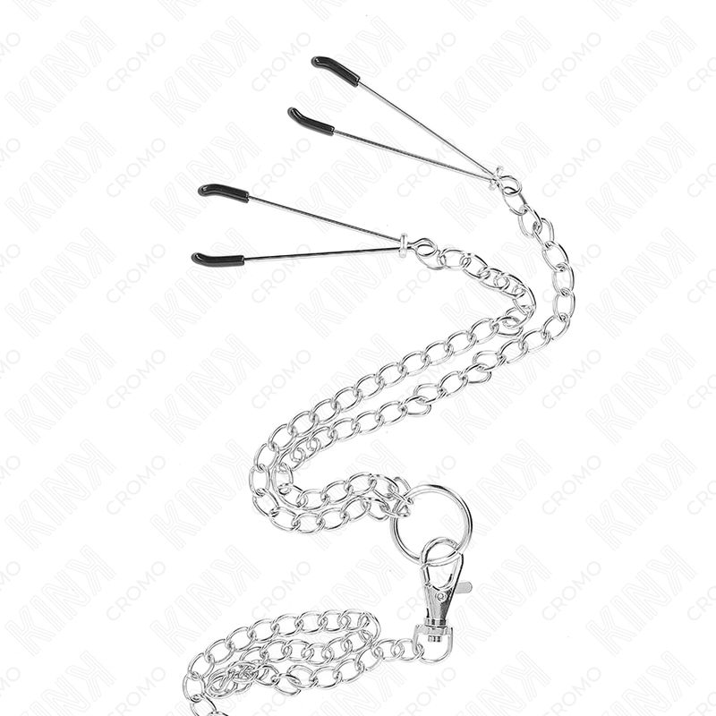 Metallkette mit Nippelklemmen und Karabinerhaken. Nippelklemmen mit schwarzen Spitzen.