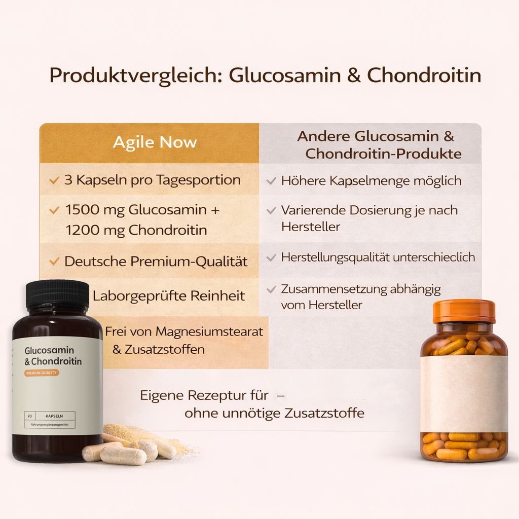 Vergleich von Glucosamin & Chondroitin. Agile Now: 3 Kapseln, 1500mg Glucosamin, 1200mg Chondroitin. Laborgeprüft. Flasche.