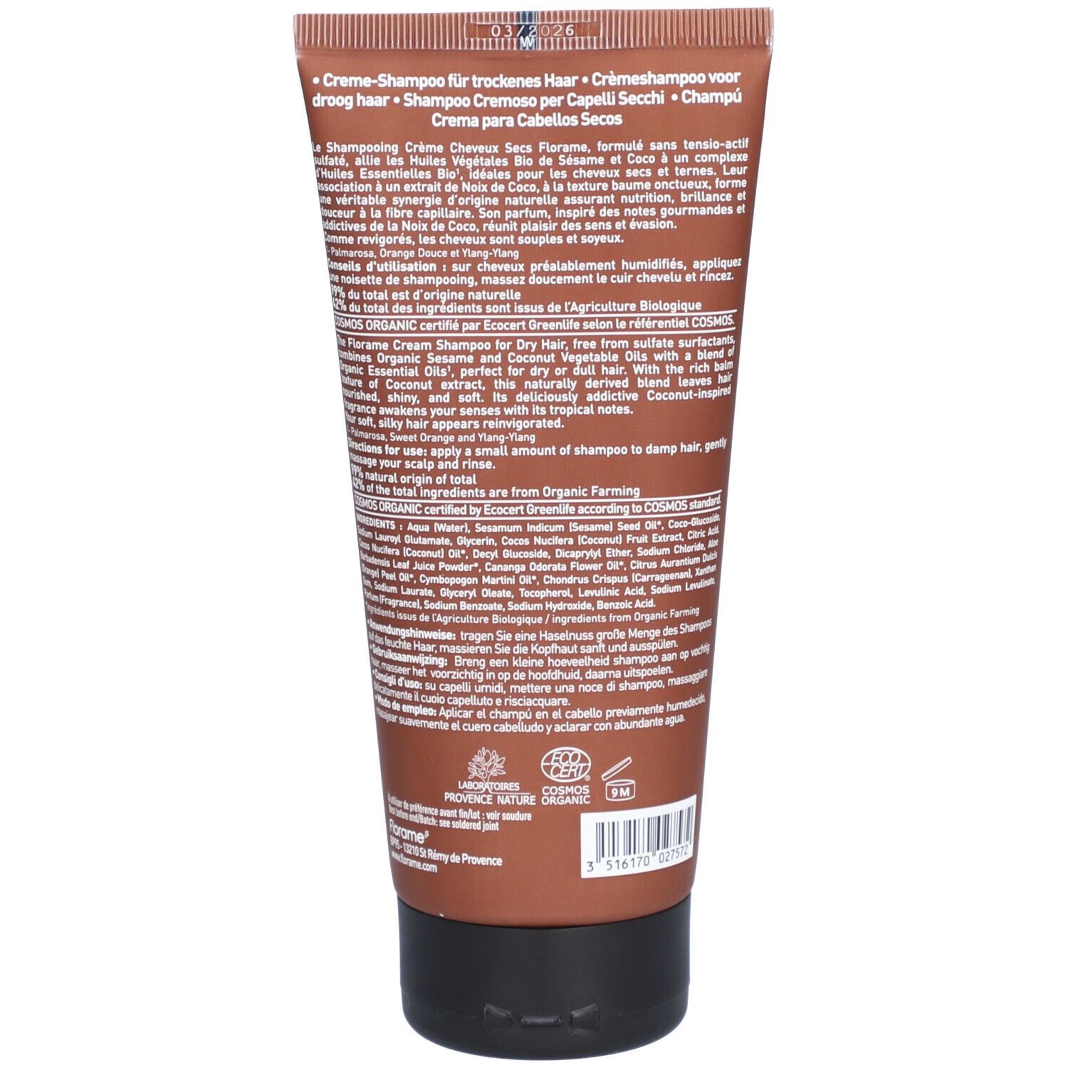 Rückseite der braunen Tube Florame Creme-Shampoo für trockenes Haar. Text und Logos.